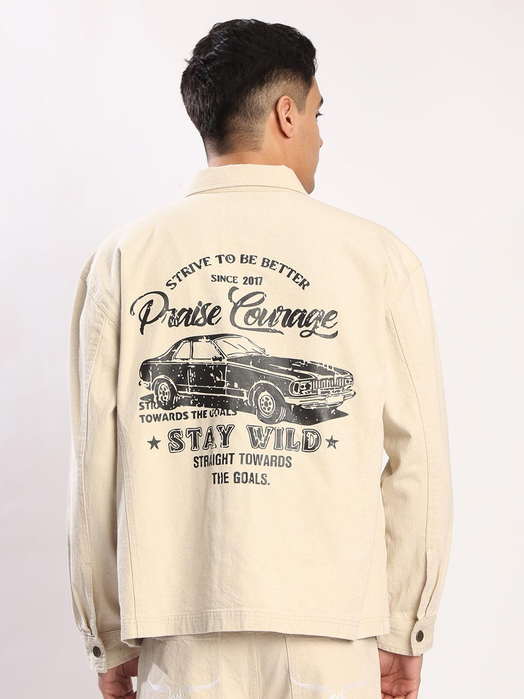 Bene Kleed Men Beige Spread Collar Oversize Typography Pure Cotton Tailored Jacket