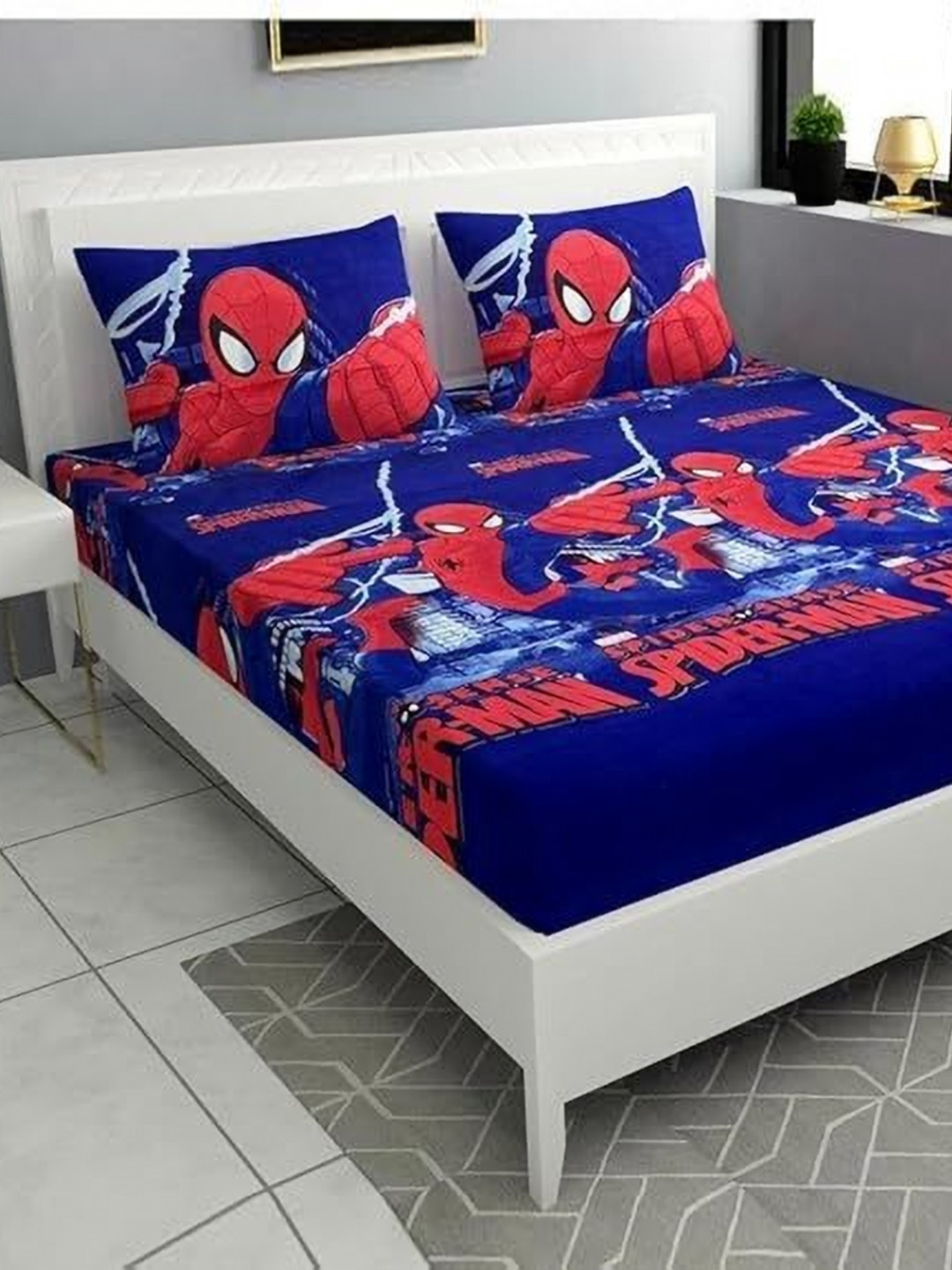 LUZDECOR Red Spiderman Cartoon Characters Microfiber Queen Bedsheet Set 2.29 m x 2.54 m