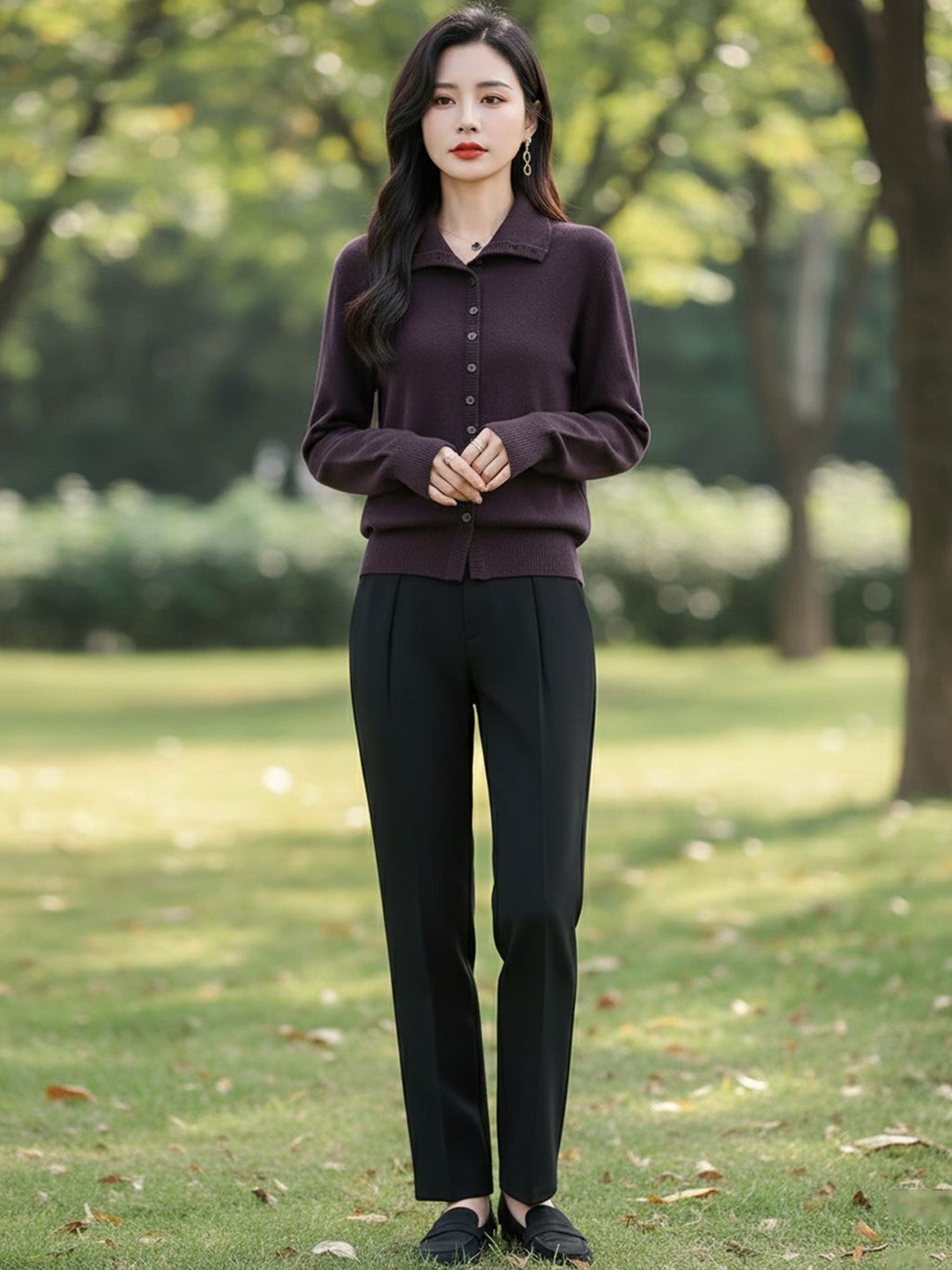 HERE&NOW Women Dark Purple Shirt Collar Long Sleeves Ribbed Polyester Cardigan