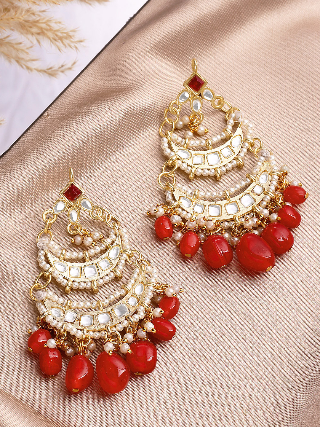 KARATCART Red & Gold-Toned Contemporary Chandbalis Earrings