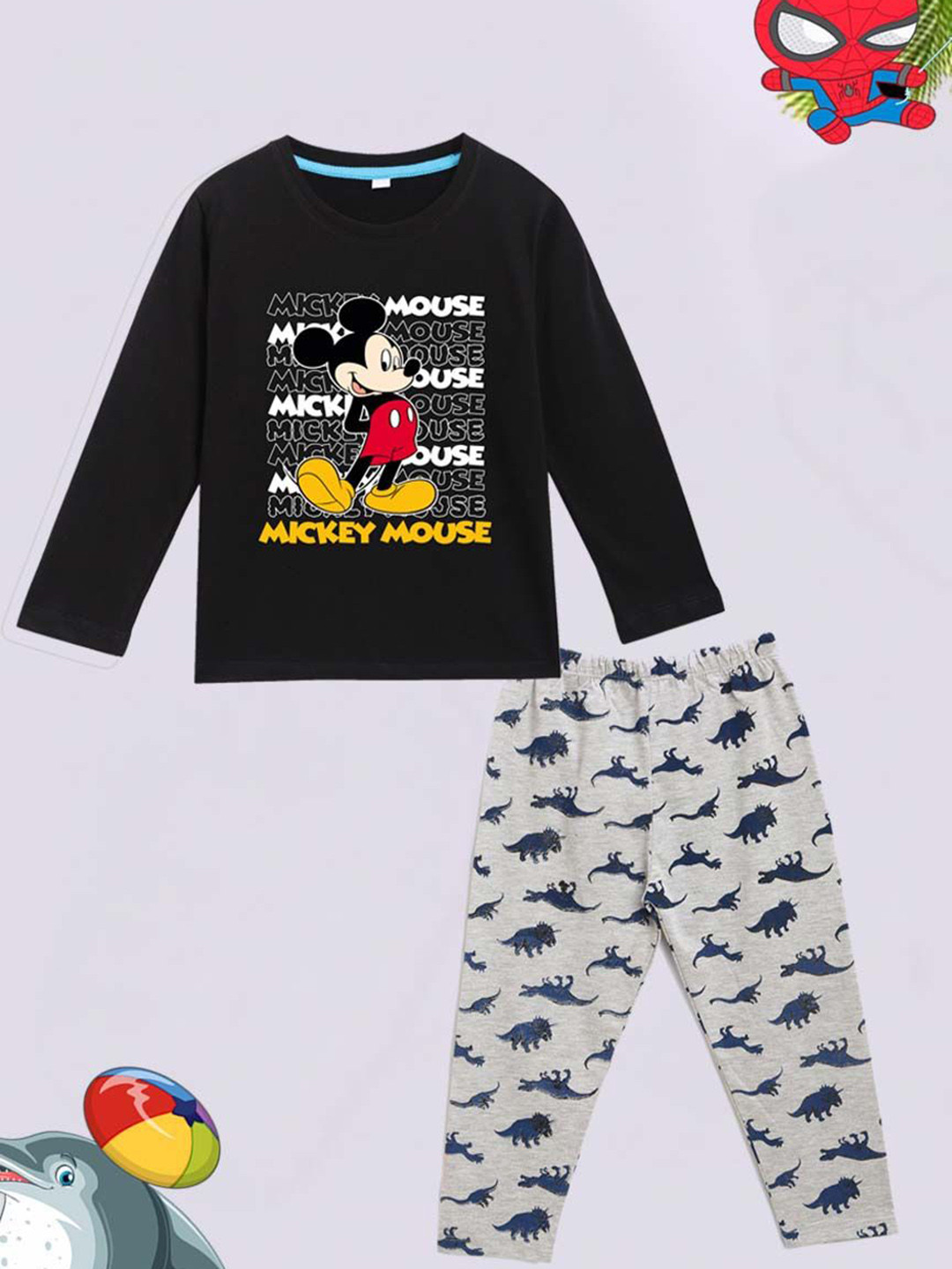 YK Disney Boys Cartoon Characters Printed Long Sleeves T-shirt & Pyjamas Night suit
