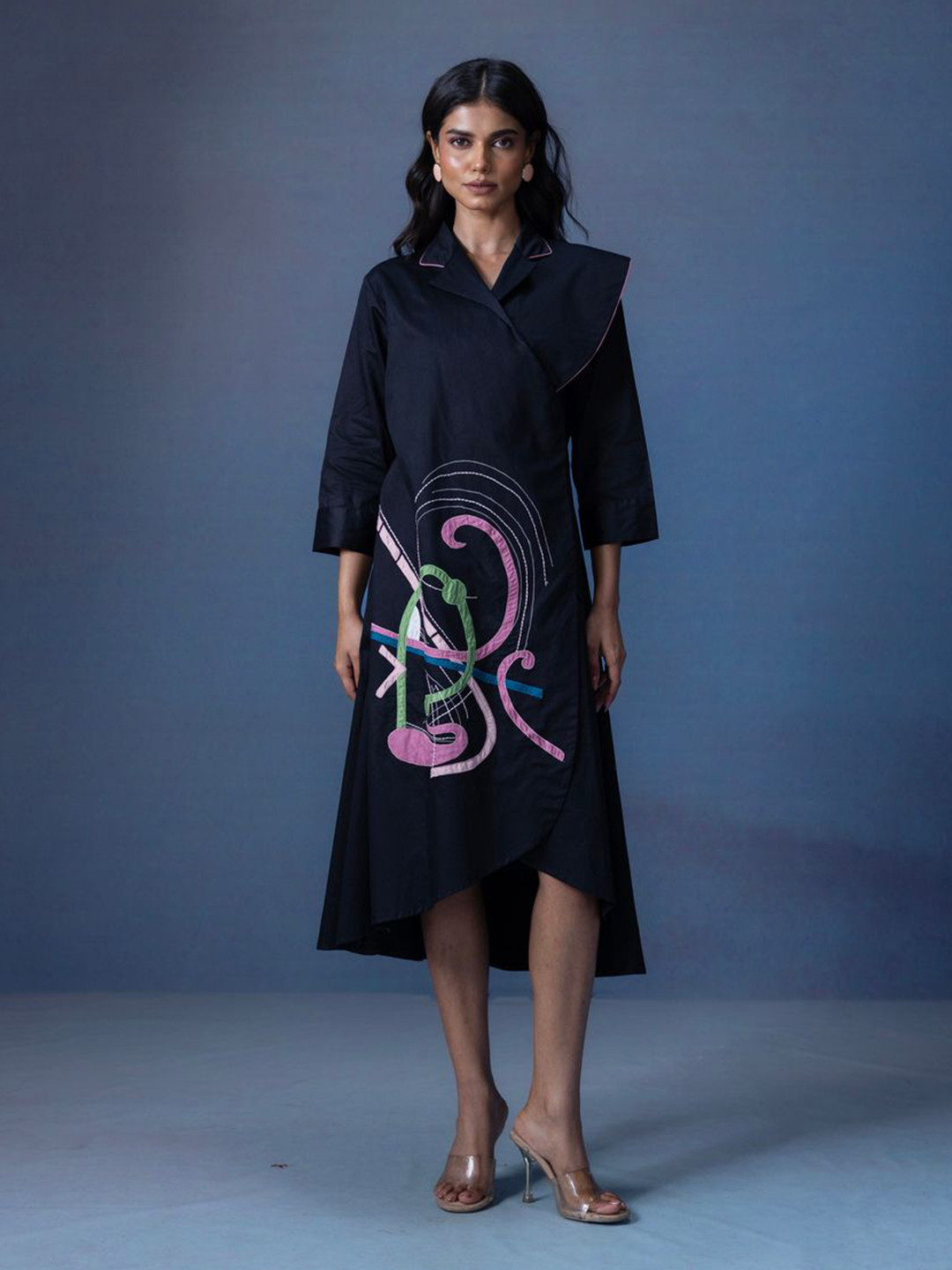 Mada Sasa Women Lapel Collar Asymmetric Hem Pure Cotton Wrap Midi Dress with Applique