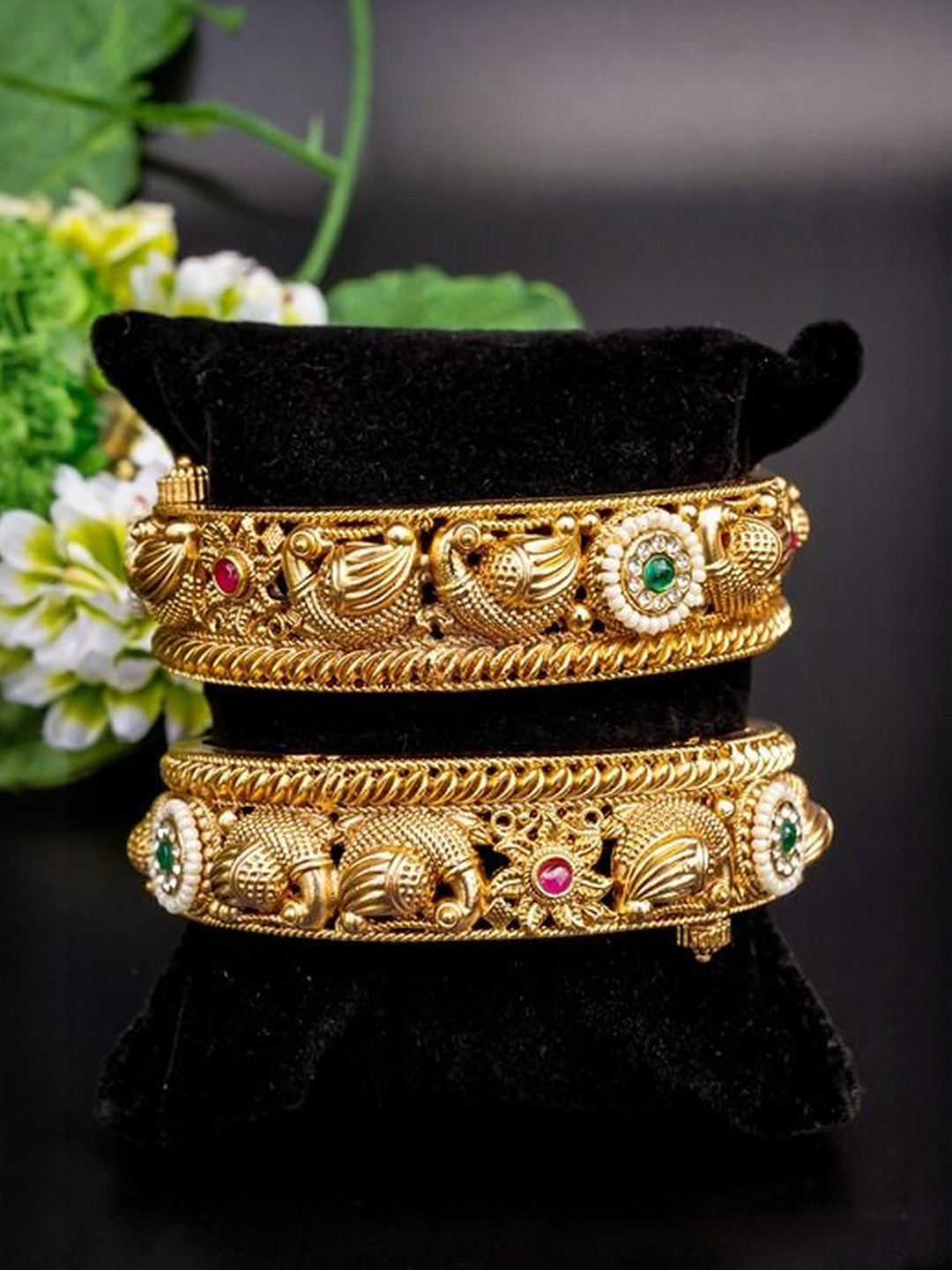 Richlook Set Of 2 Gold-Plated Pearls Beaded & Gemstone-Studded Peacock Motif Bangles