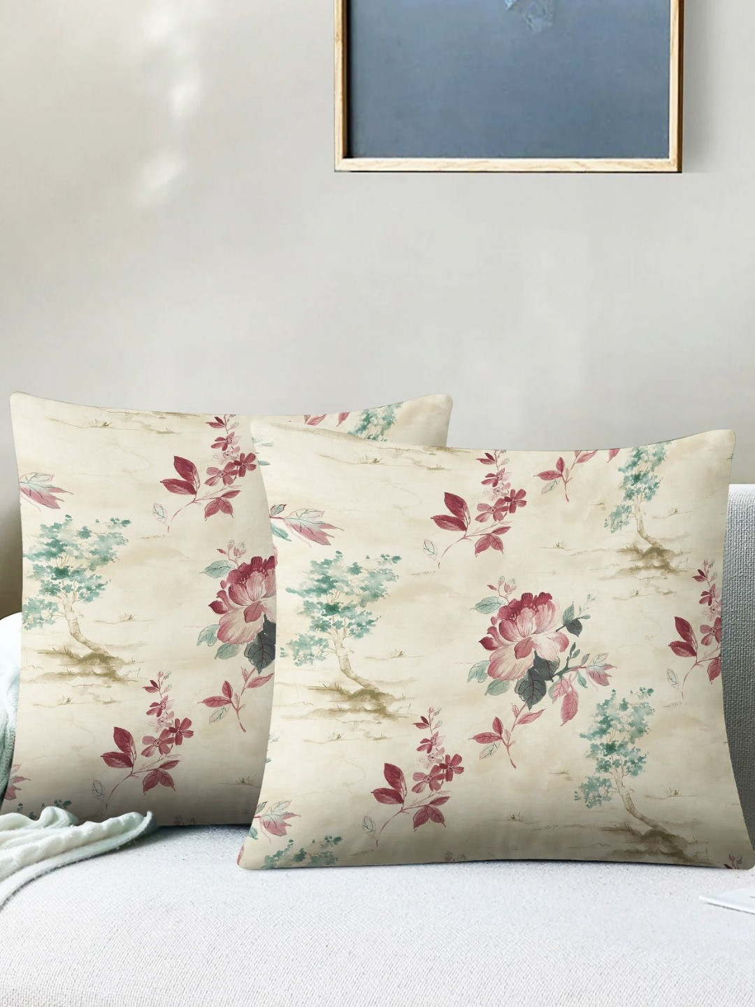 CASABLEU Cream & Pink 2 Pieces Floral Printed Square Cushion Covers