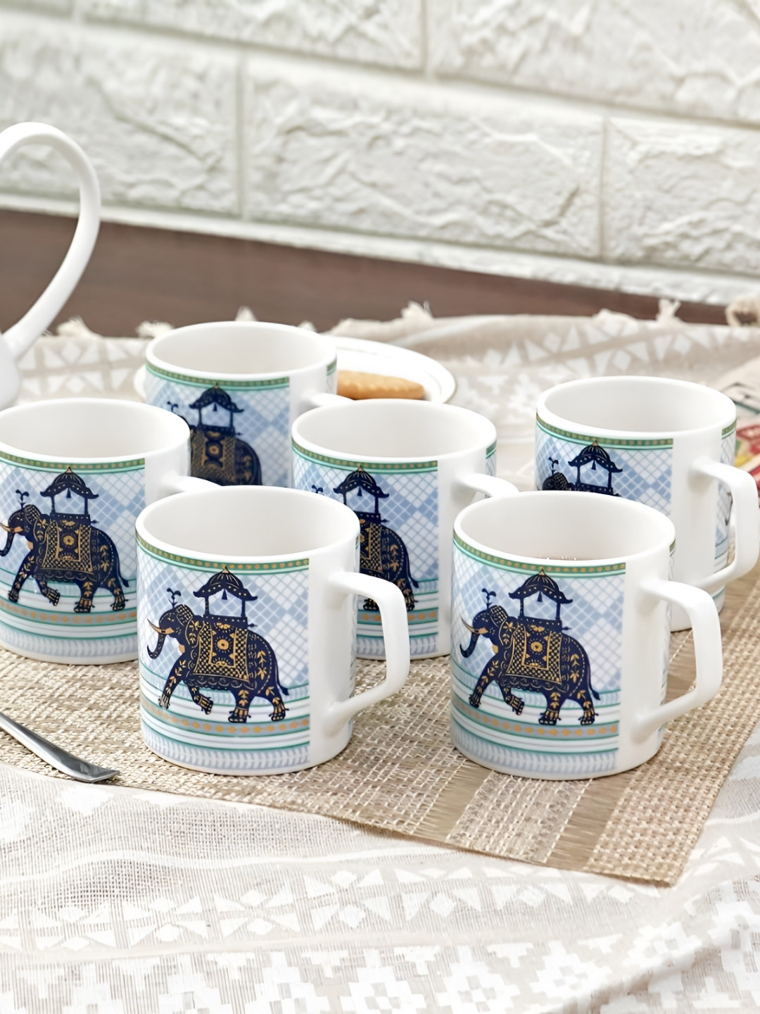 Femora Blue & White 6 Pieces Light Up Printed Ceramic Glossy Cups 180 ml