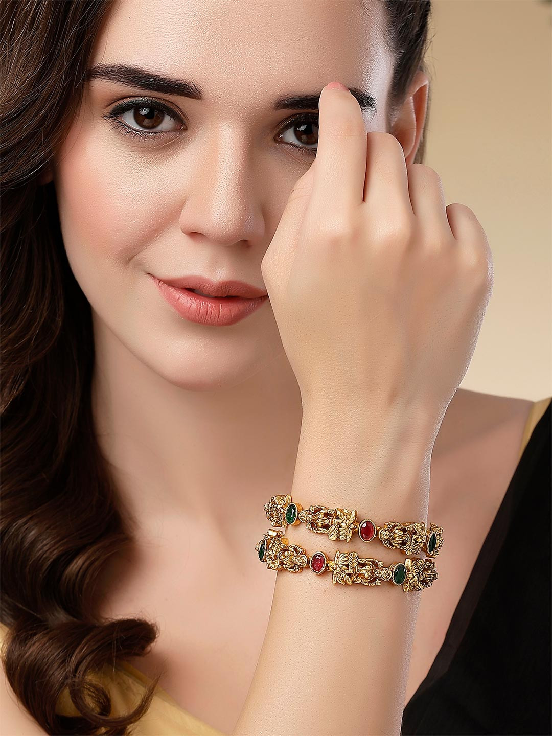 KARATCART Women Set Of 2 Gold Plated Red & Green Kundan Studded Mata Laxmi Rajwadi Temple Bangle