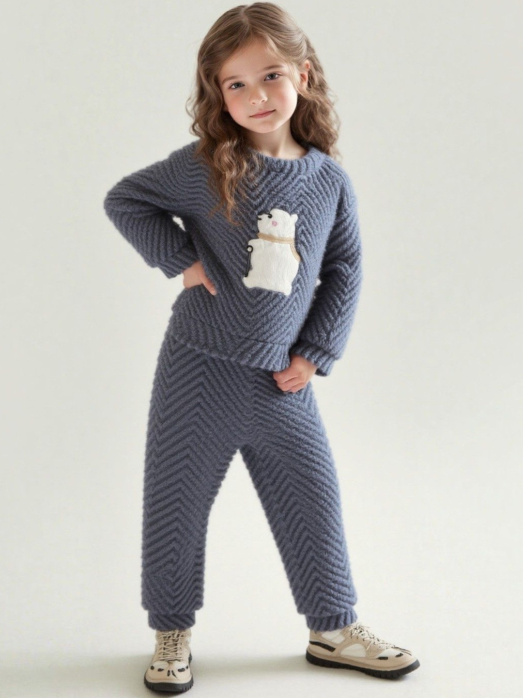 FITIN OUTFIT Girls Grey Pure Wool Printed Clothing Set