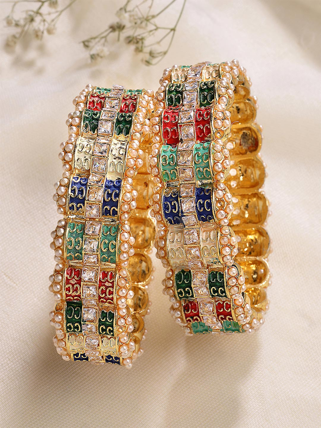 KARATCART Set Of 2 Gold-Plated & Red Stone Studded Rajwadi Bangle