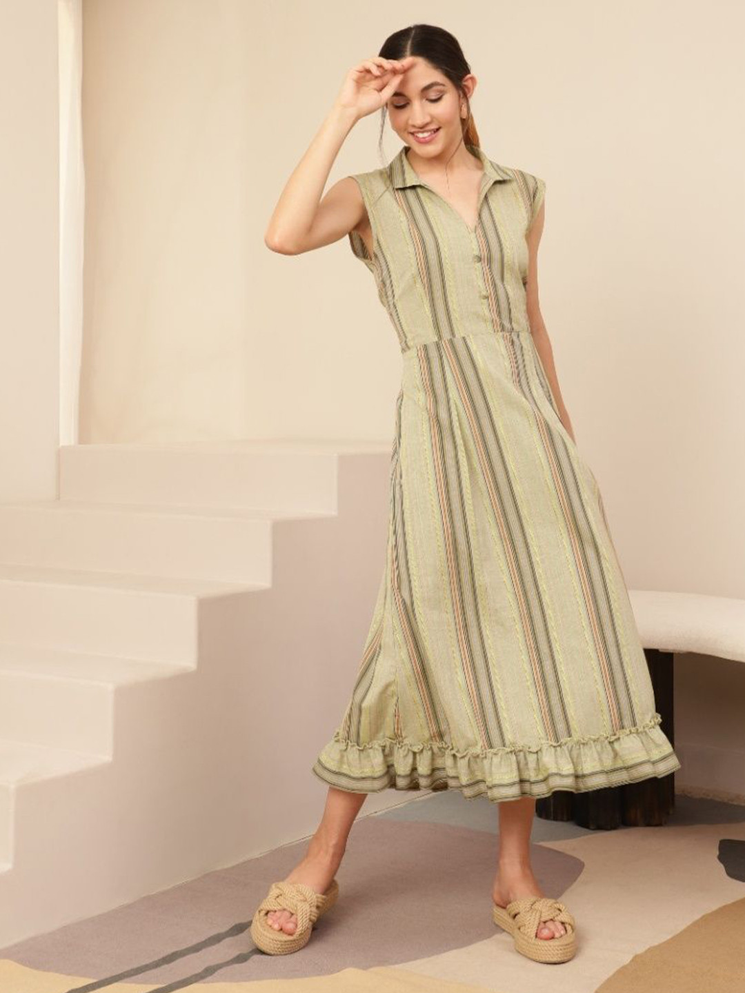 SANAITA CREATIONS Women Shirt Collar Striped Ruffled Hem Midi Fit & Flare Dress