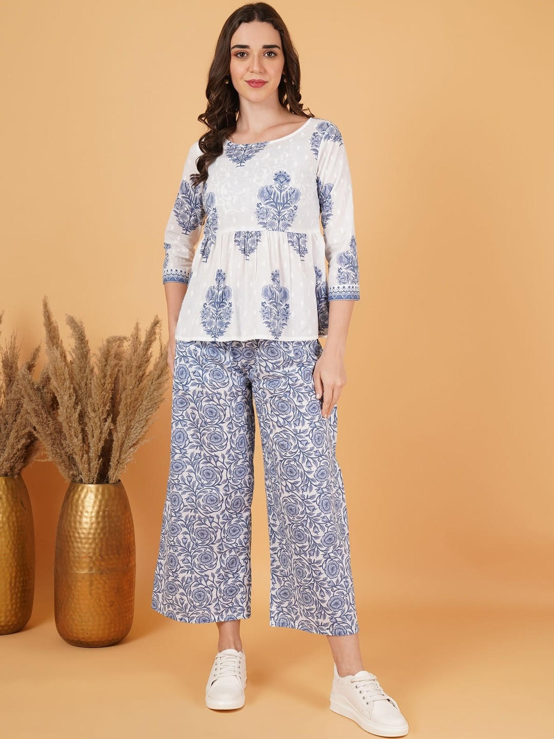 COTLAND FASHION Women White Blue Pure Cotton Co-Ord Set