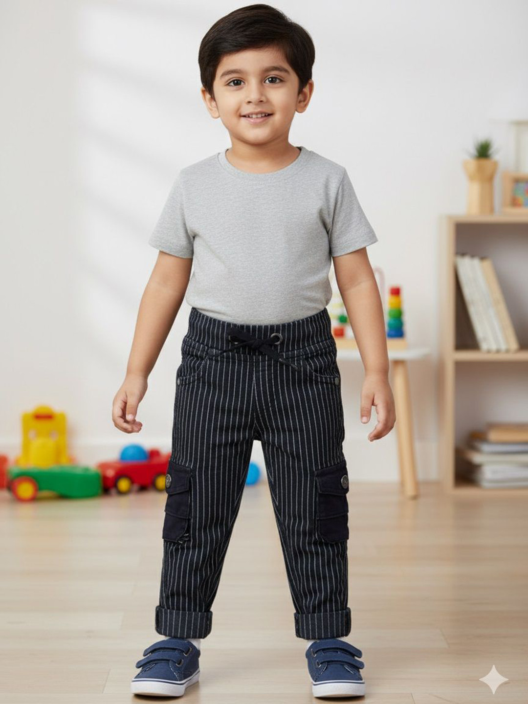 Zaahii Boys Striped Slim Fit Flat-Front No Fly Cargos Cropped Trousers