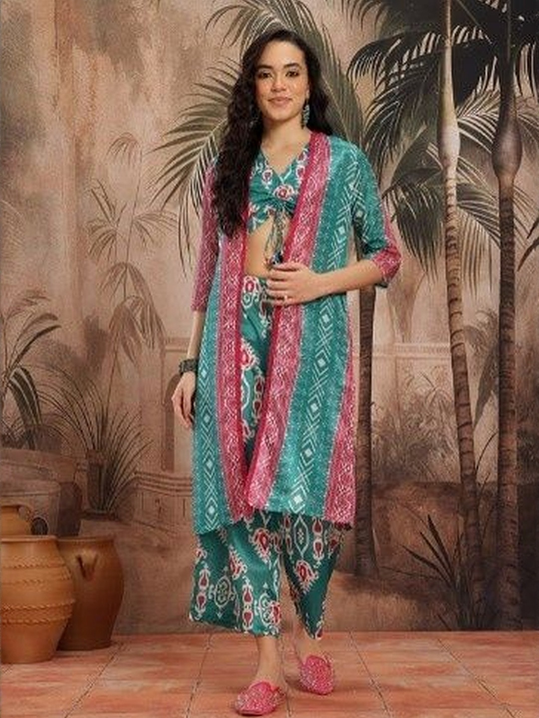 Ramas Floral Embroidered Chinon Top With Palazzos And Shrug