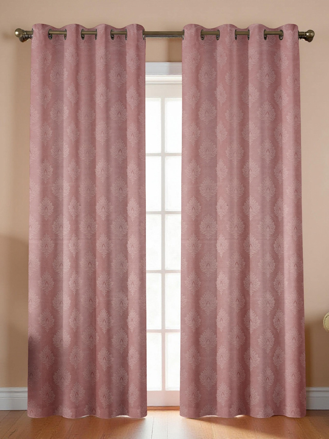 Aura Peach-Coloured Printed Black Out 2 Pieces Long Door Eyelet Curtains