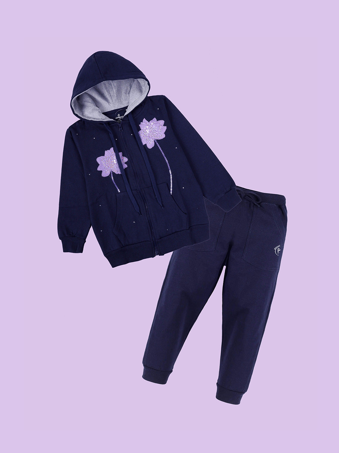 KiddoPanti Girls Embroidered Hooded Zip-Up Sweatshirt With Track Pant