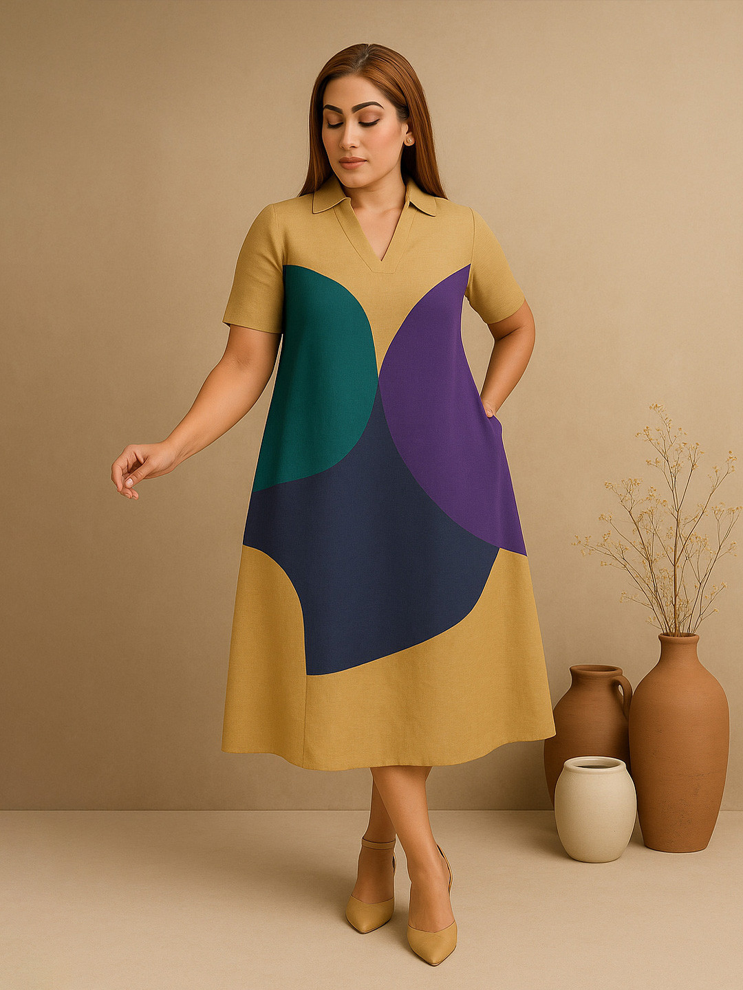 dhaaga Women Colourblocked Shirt Collar A-Line Ivy Dress