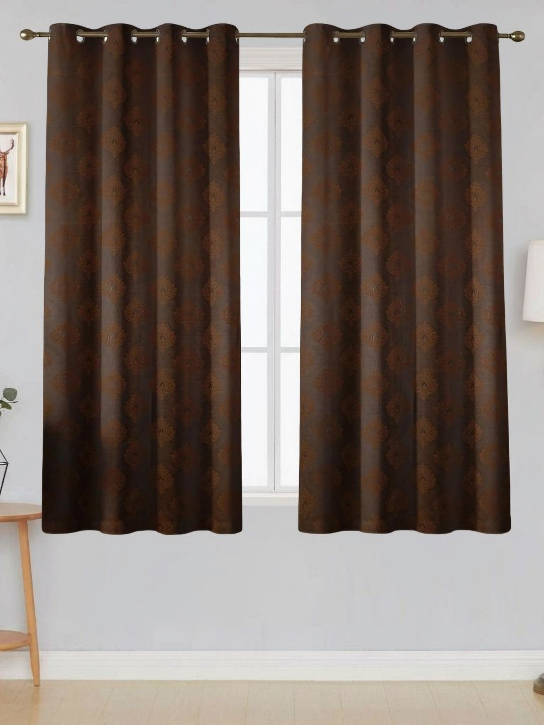 Aura Regal Bloom Coffee Brown 2 Pieces Self Design Black Out Window Curtains