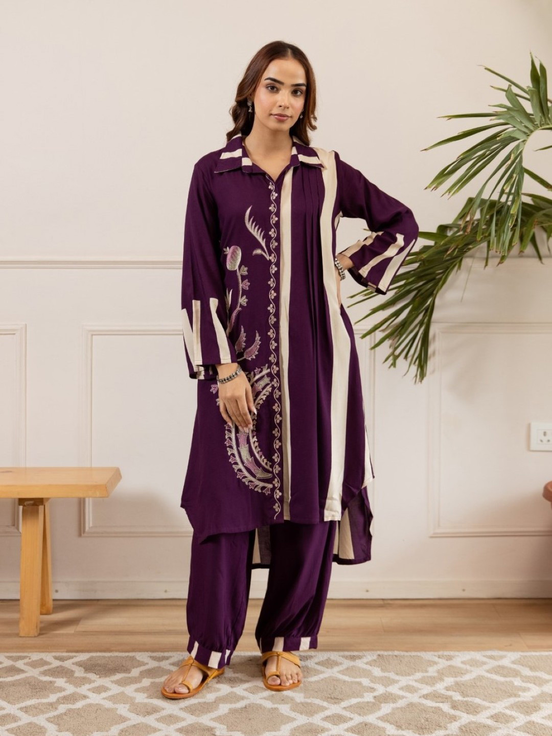 AUTUMN LANE Women Ethnic Motifs Embroidered Thread Work Pure Cotton Kurta with Pyjamas