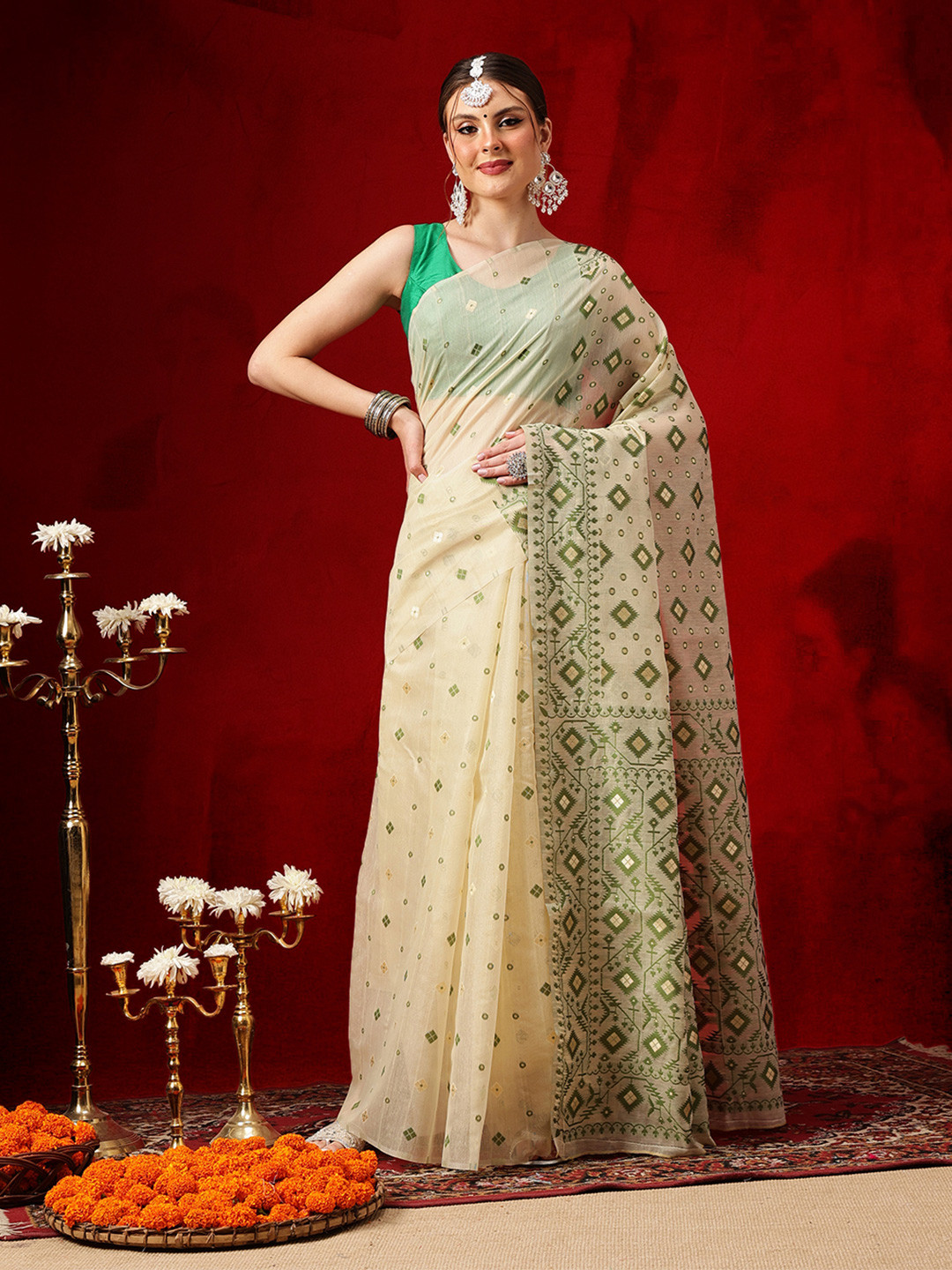 Silk Land Woven Design Mirror Work Jamdani Saree