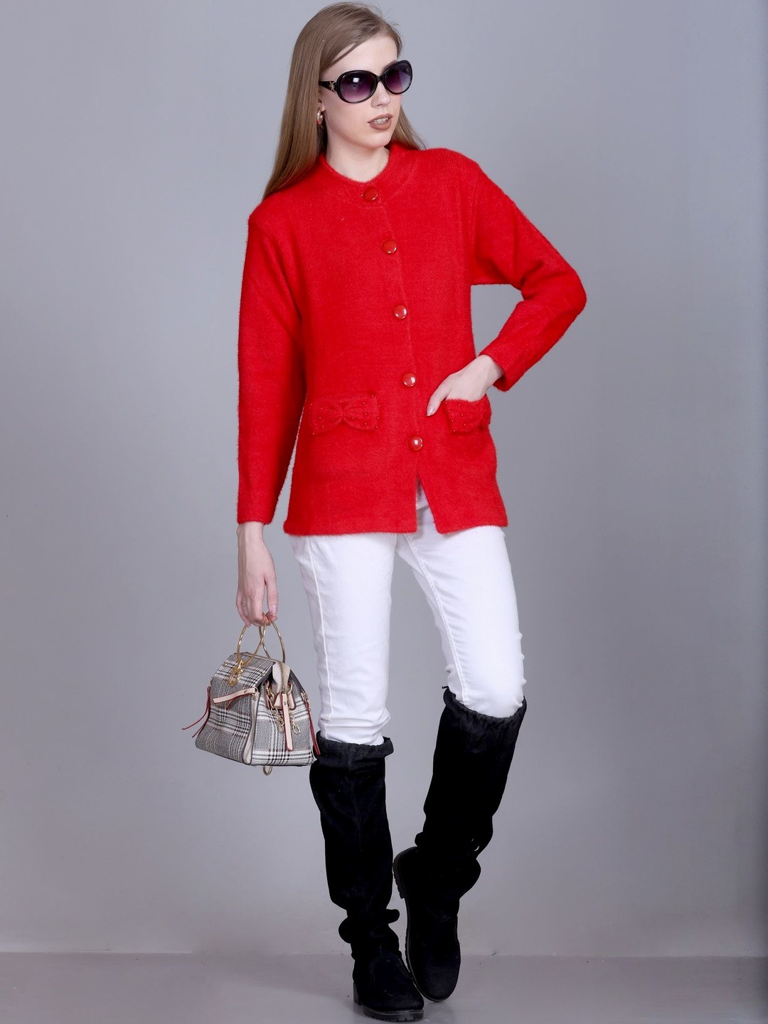AREEMAS Women Cherry Red Henly Neck Full Sleeve Woollen Cardigan