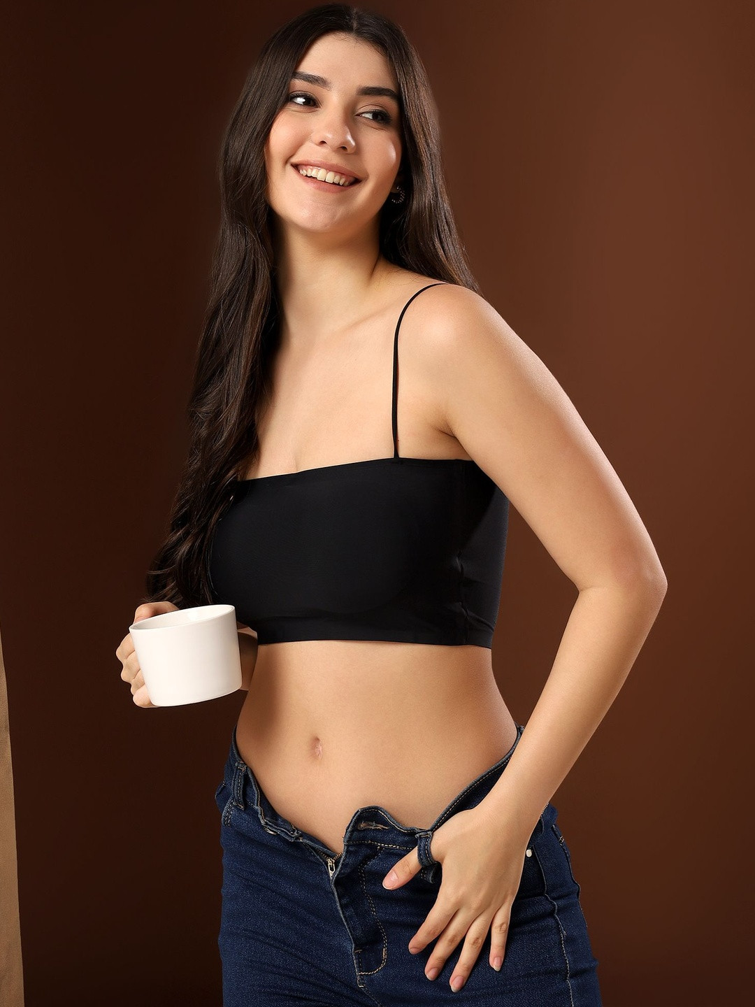 PAAVKI Women Pack of 2 Solid Lightly Padded Camisole Spaghetti Strap Crop Bralette Top