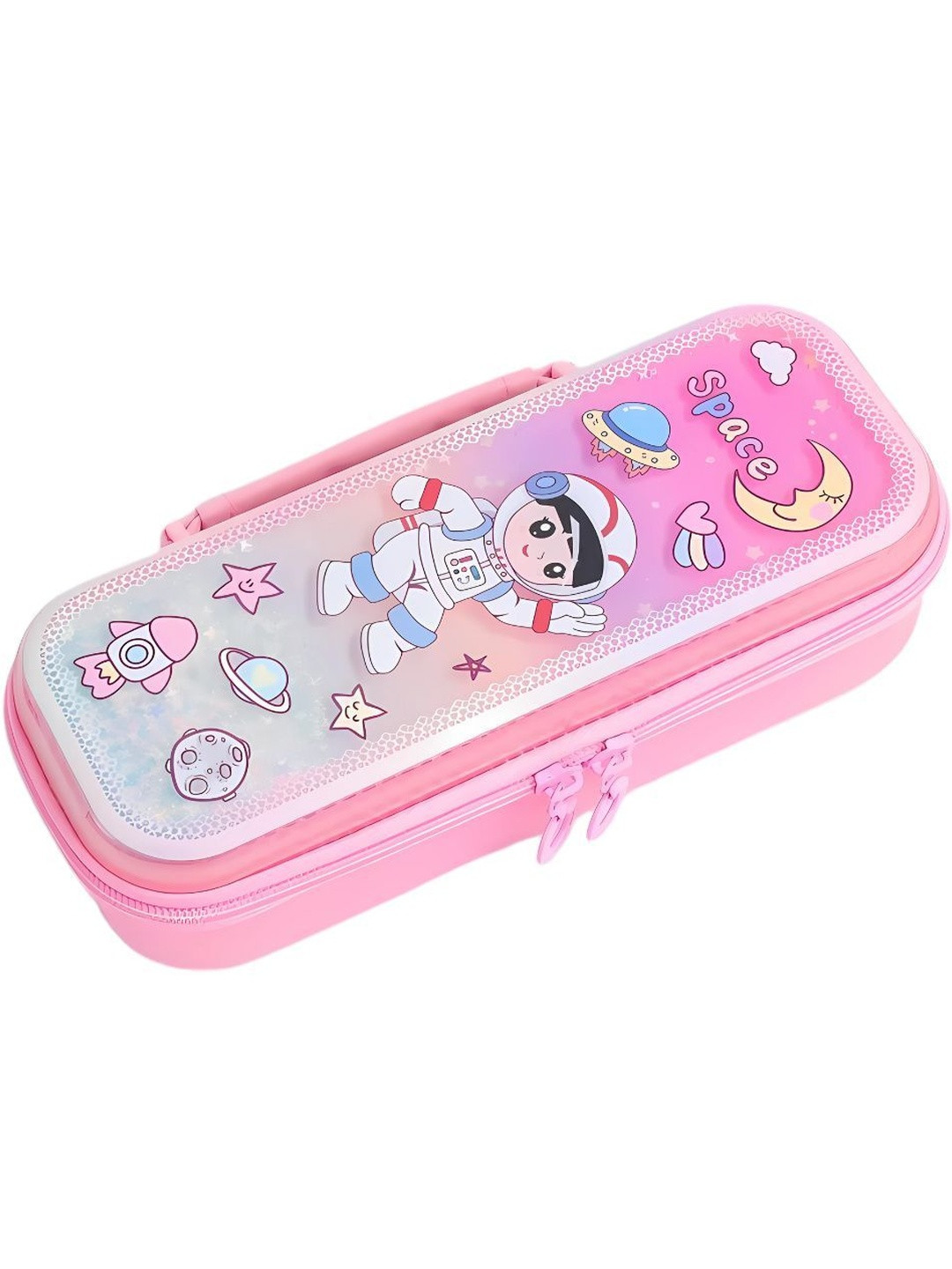 YK Unisex Kids Pink Space Themed Glitter Pencil Box