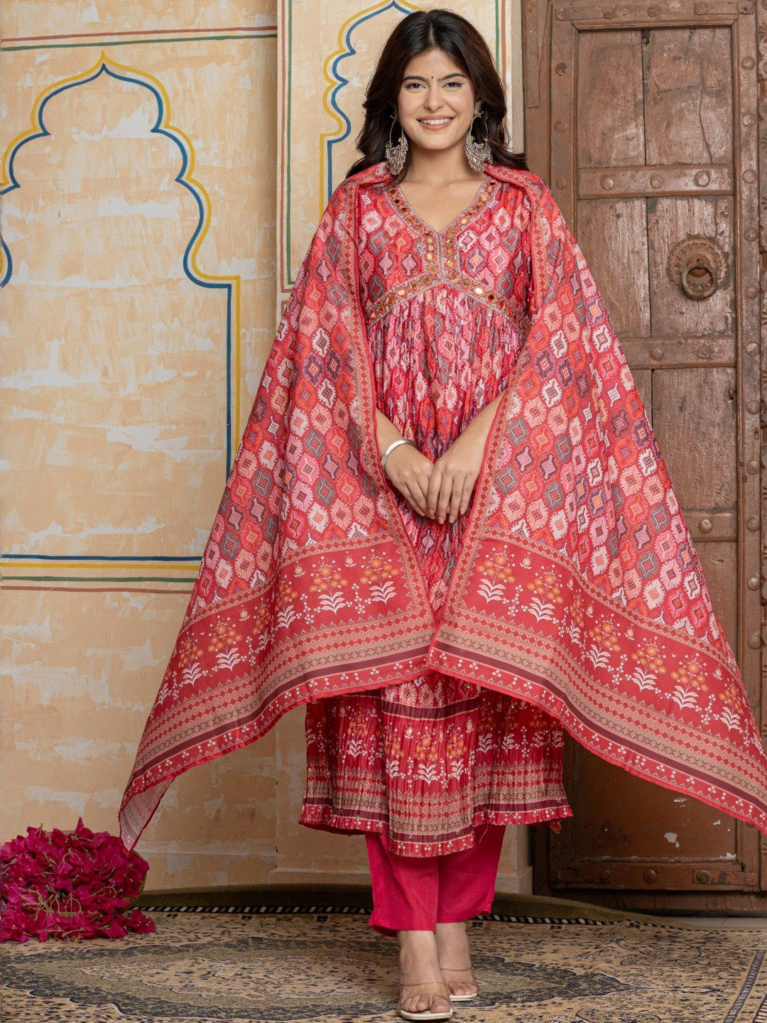NAVYAAZRI Women Ethnic Motifs Printed Pleated Mirror Work Kurta & Trousers With Dupatta