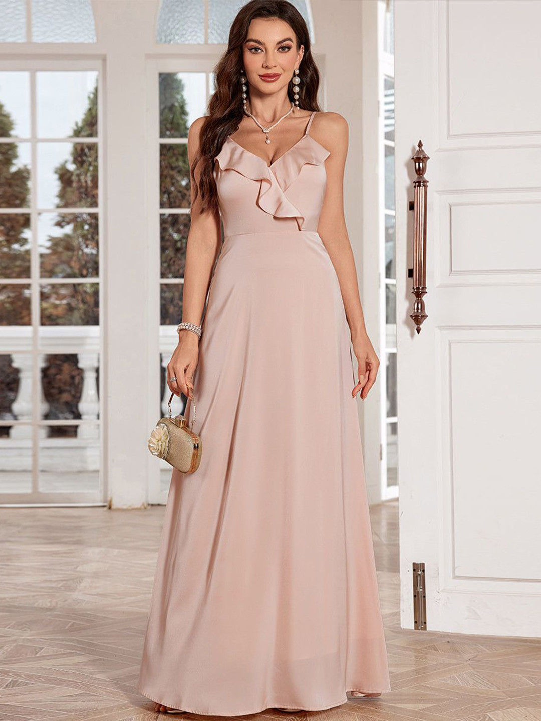 Outzidr Women Spaghetti Strap Ruffle Neckline Maxi Dress