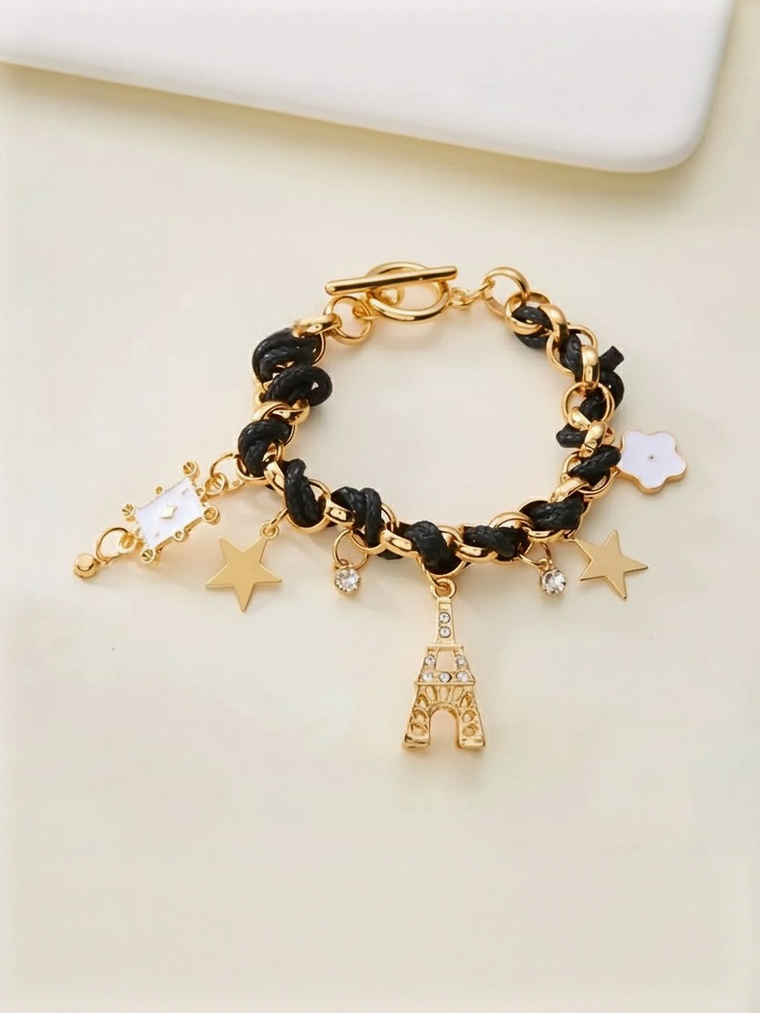 TheVineGirl Women Alloy Cubic Zirconia Studded Eiffel Tower Star Charm Bracelet
