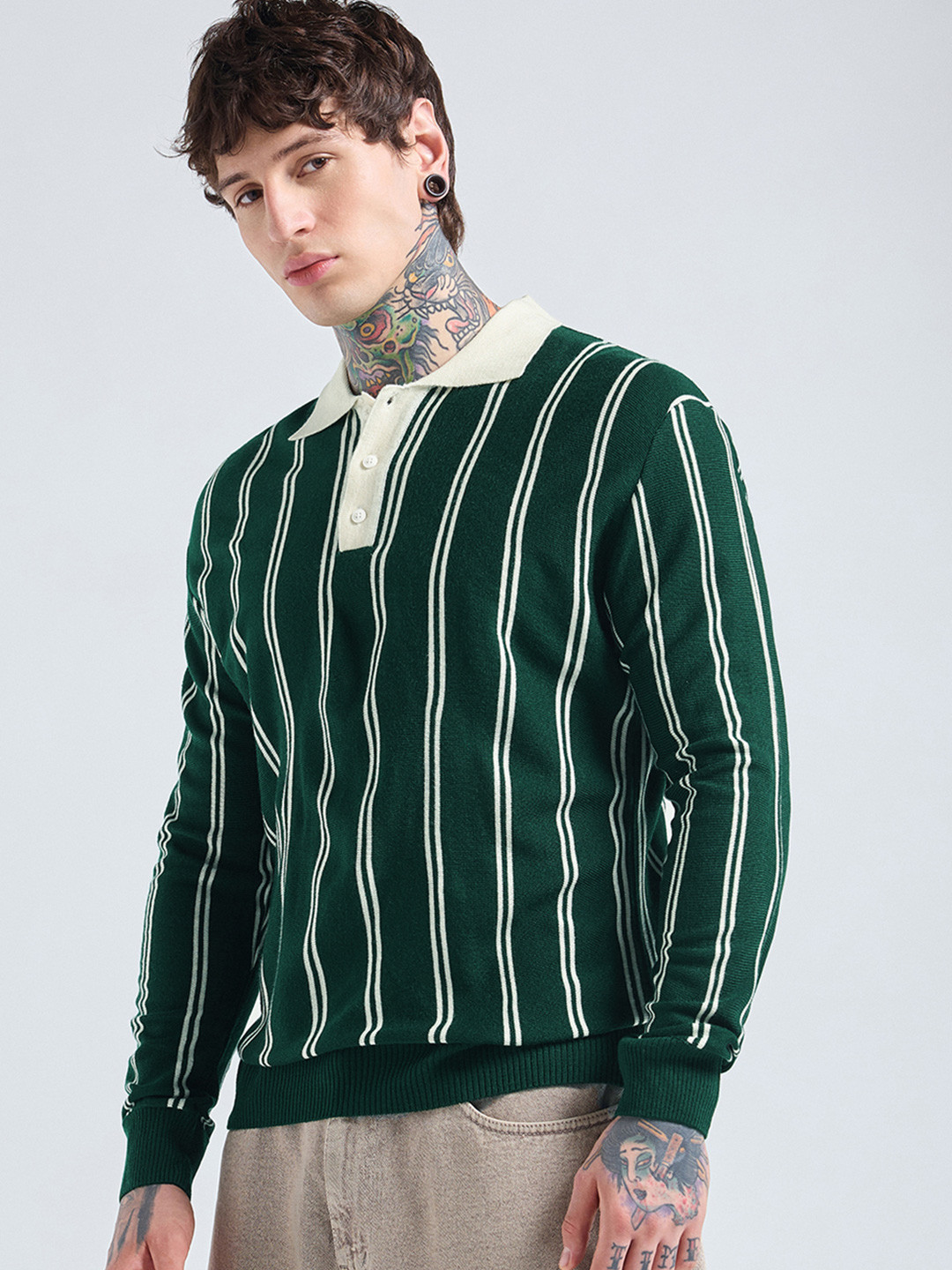 Bewakoof Men Green Striped Oversized Polo Sweater