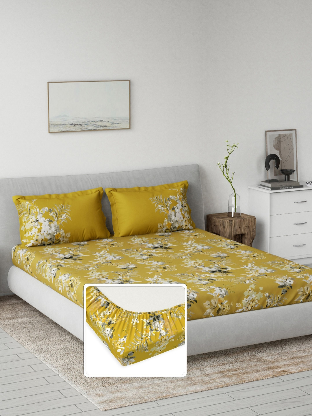 DDecor Yellow Primary Floral Printed 144 TC Cotton King Bedsheet Set 1.82 m X 1.98 m