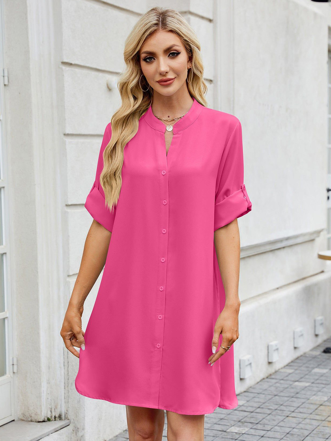 Outzidr Mandairan Collar Roll-Up Sleeves Shearh Dress