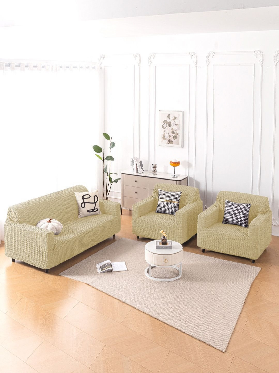 HOKIPO Aria Nova Beige 3 Pieces 280 GSM 5 Seater Fully Covered Bubble Sofa Cover With Arms