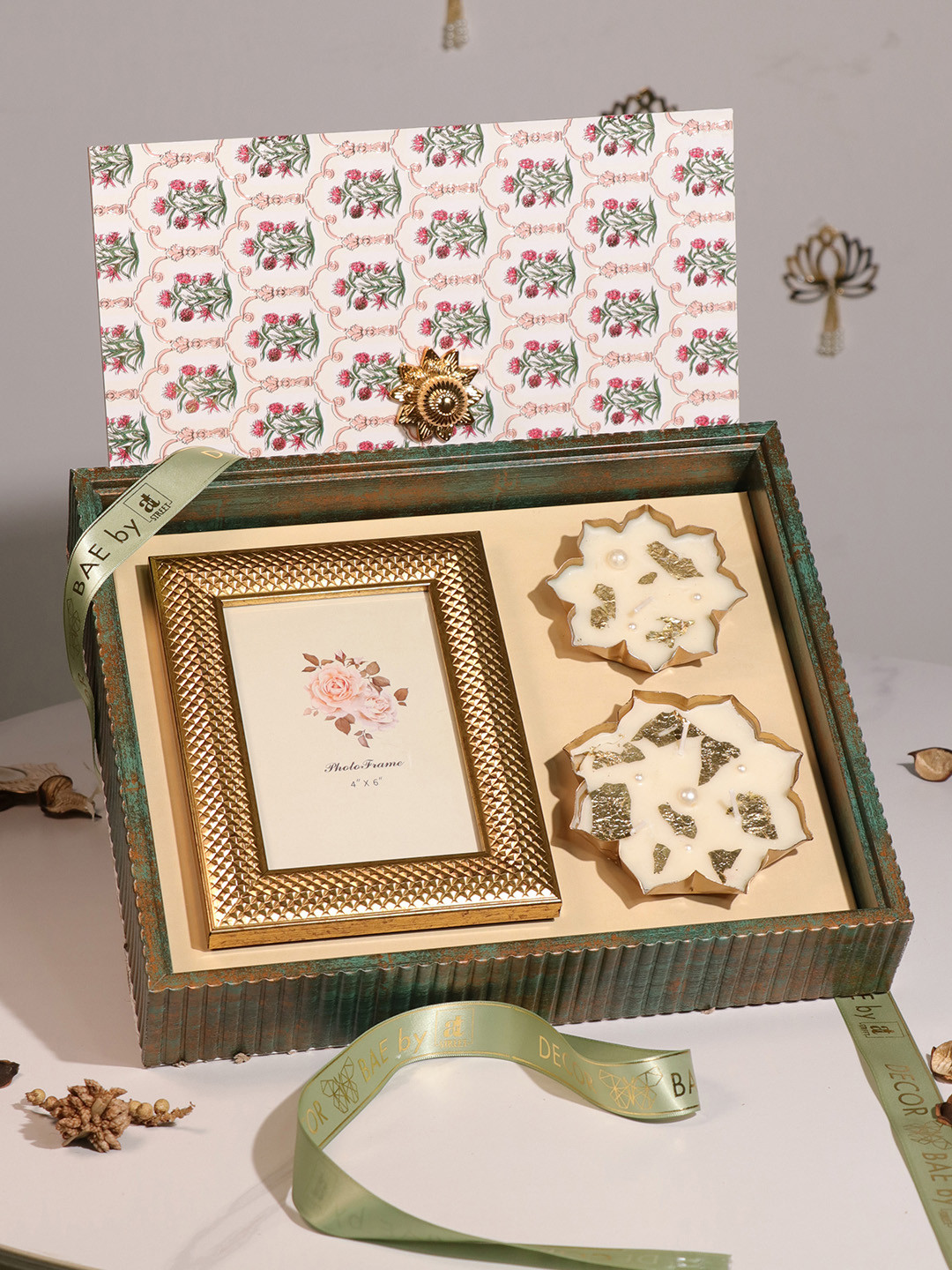 Art Street Square Shape Photo Frame with Urli Diya Mdf Diwali Gift Hamper Box