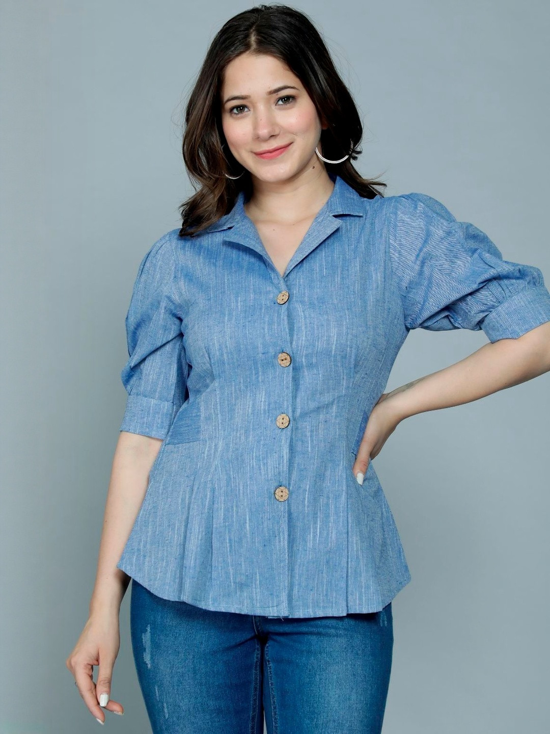 HouseOfTheSukh Women Shirt Collar Puff Sleeves Shirt Style Top