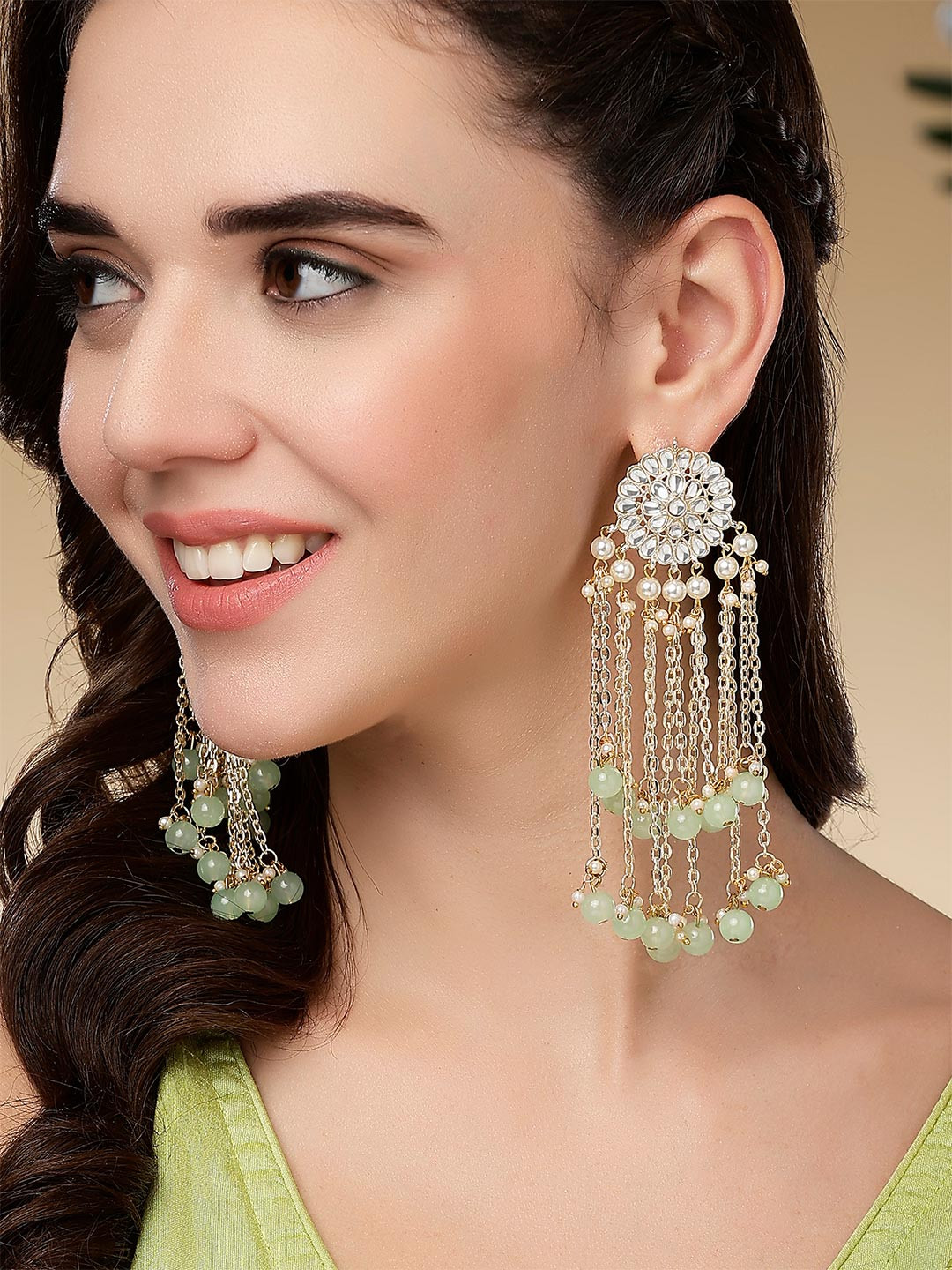 KARATCART Lime Green Kundan Drop Earrings