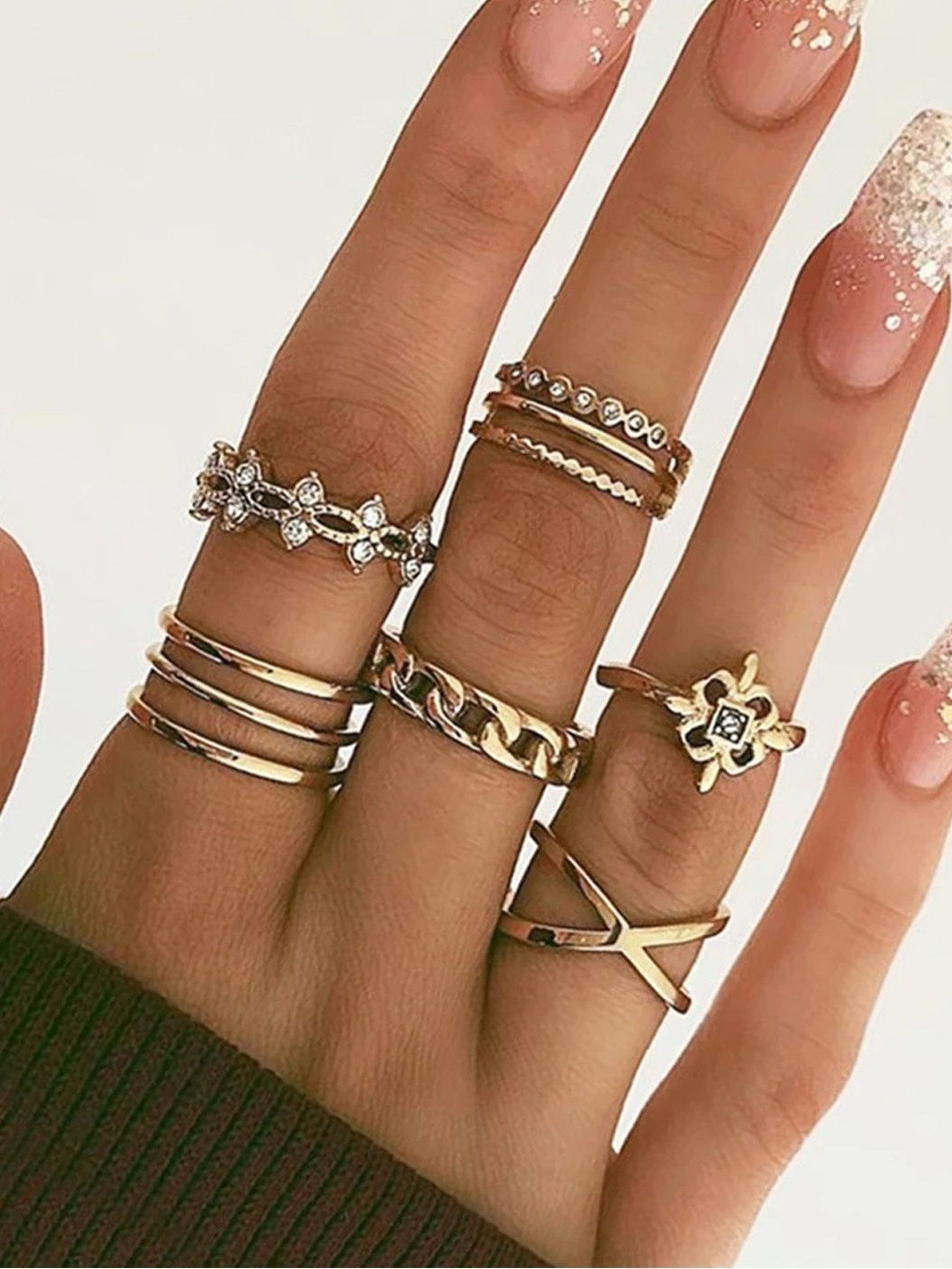 TheVineGirl Pack Of 6 Crystal Good Luck Twist Cross Chain Finger Ring