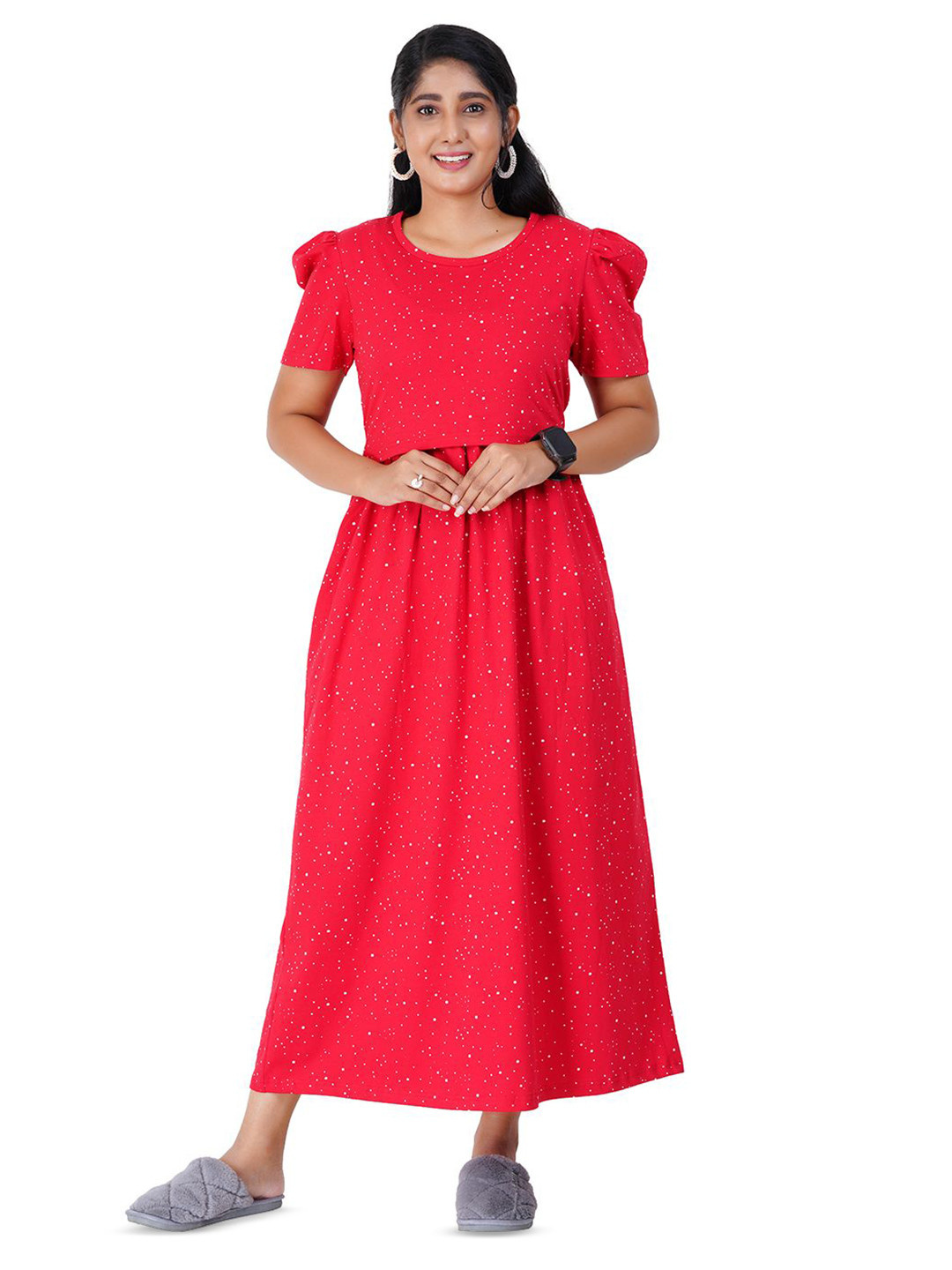 Modest Materna Women Polka Dots Printed Micro Pattern Maternity Maxi Dress