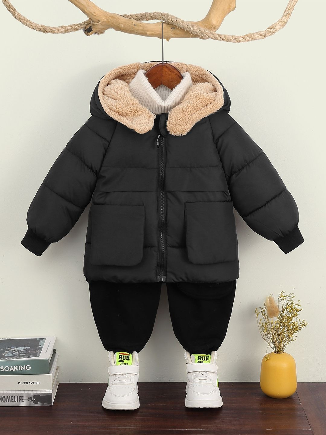 YK Boys Black Puffer Jacket with Fleece Hoodie