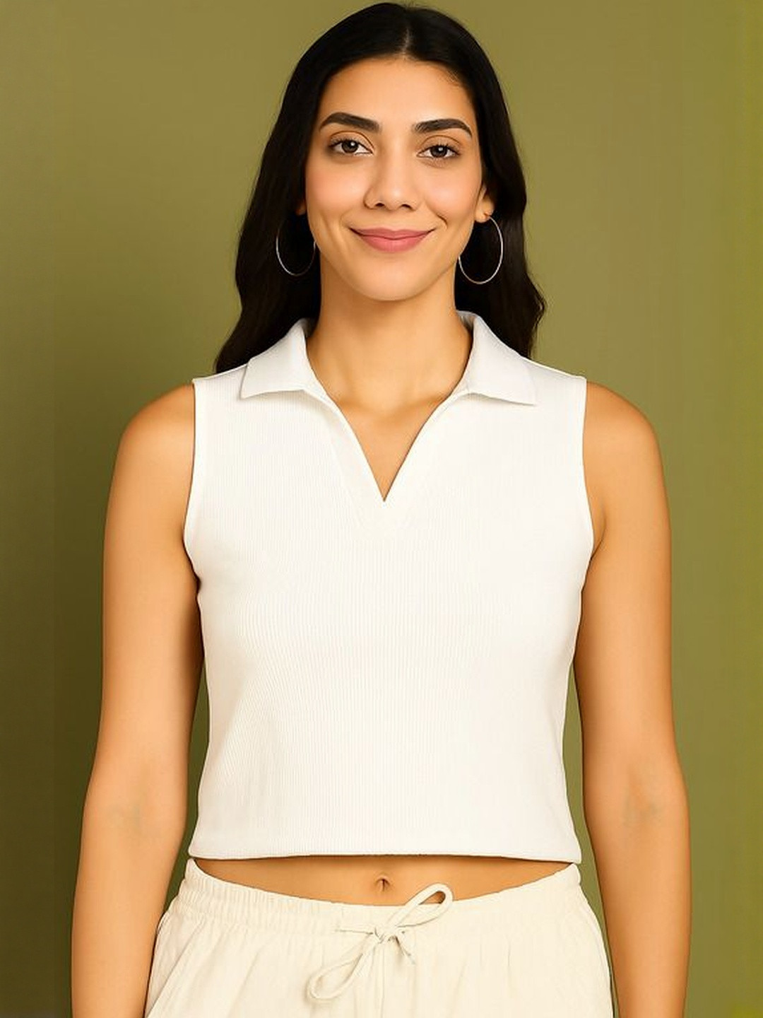 SZN Women White Shirt Collar Sleeveless Polycotton Tank Crop Top