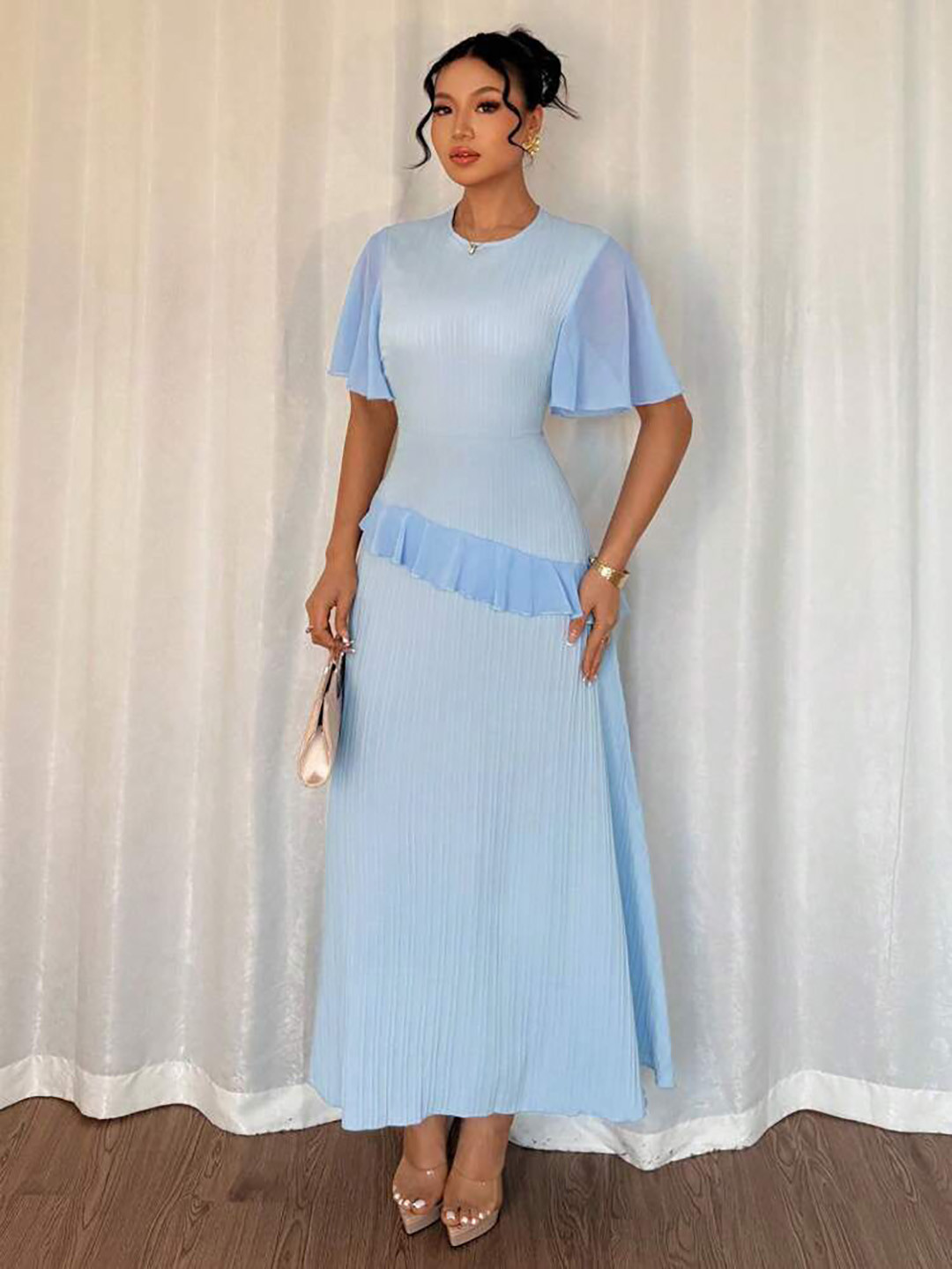 Outzidr Women Ruffled Accordion Pleats Short Flared Sleeve Maxi Dress