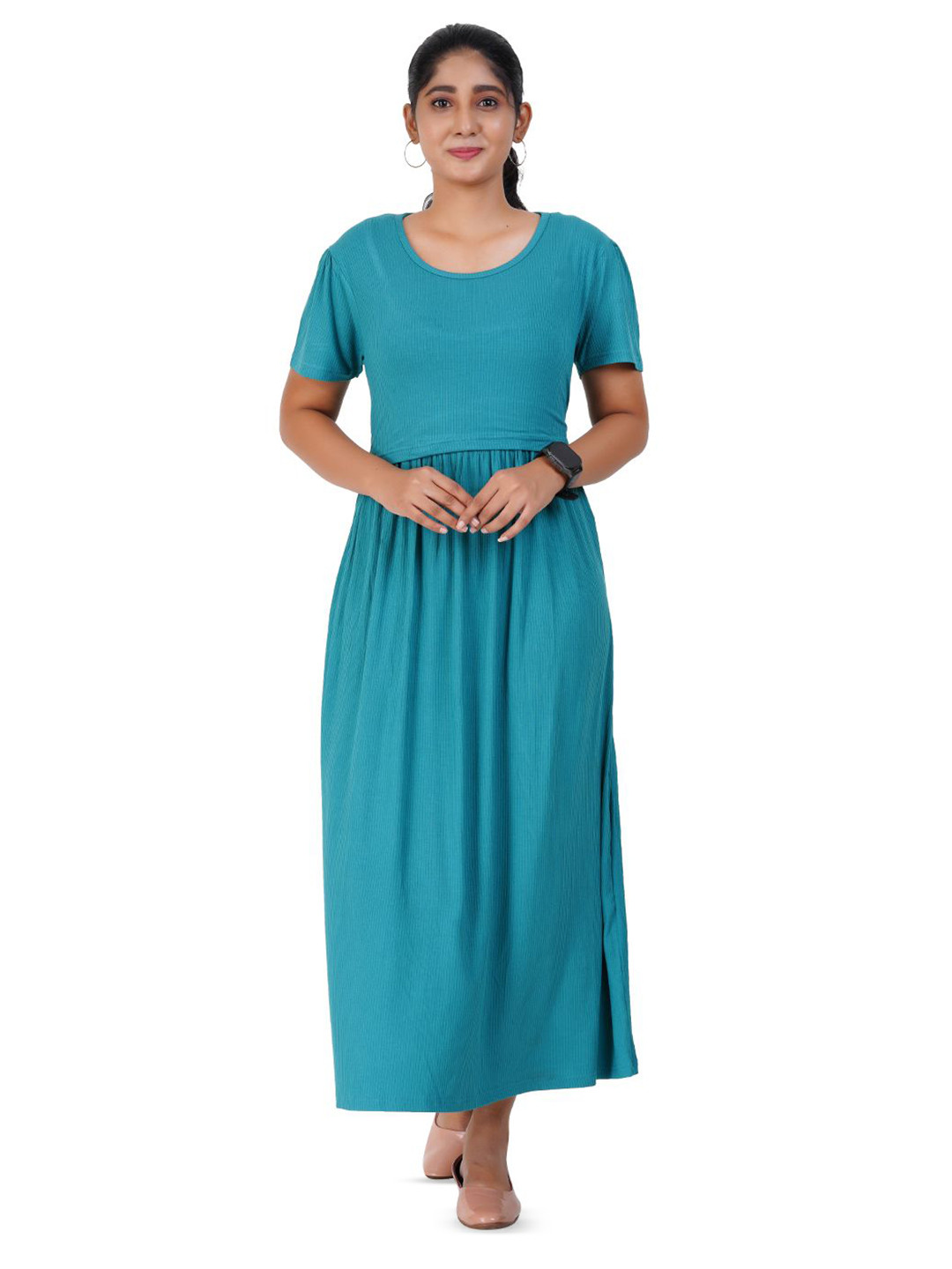 Modest Materna Women Round Neck Maternity Maxi Midi Dress