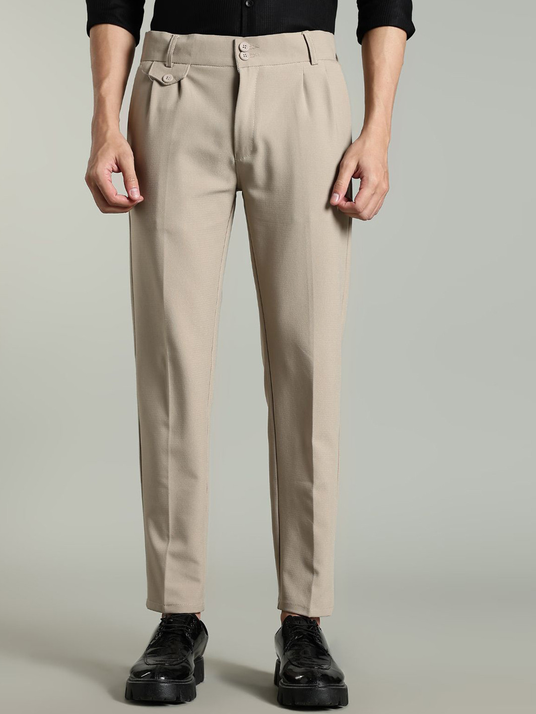 PAUL STREET Men Solid Smart Regular Fit Mid-Rise Pleated Formal Pant