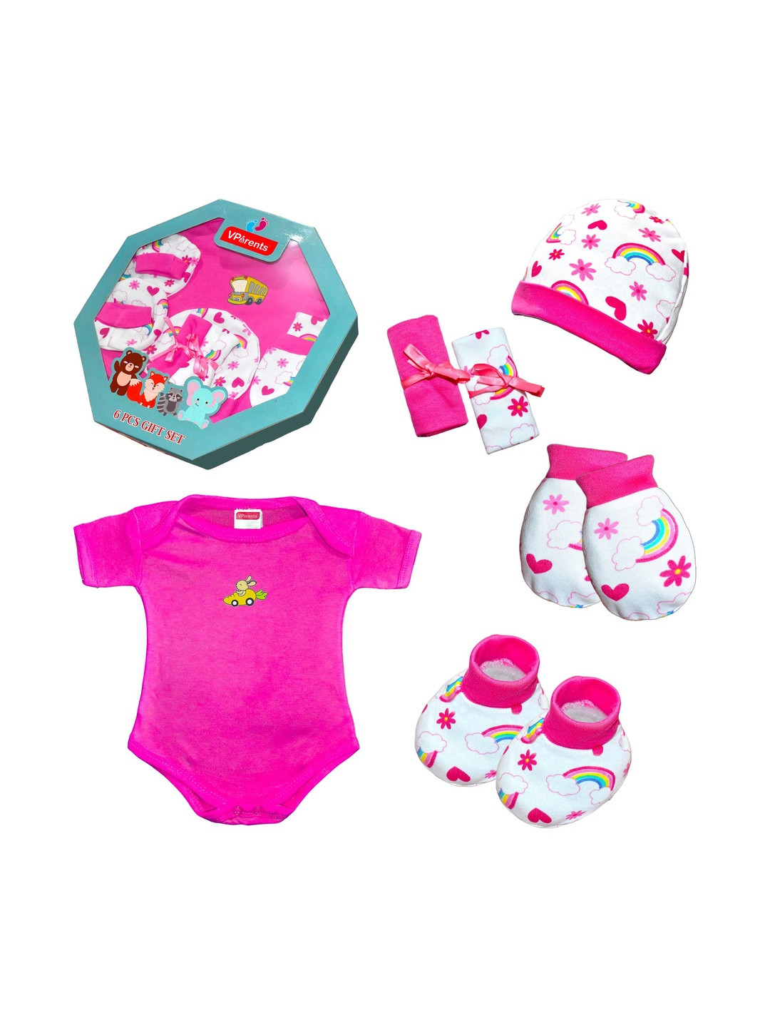 VParents Kids Pink & White Pack Of 6 Printed Cotton Baby Apparel Gift Set