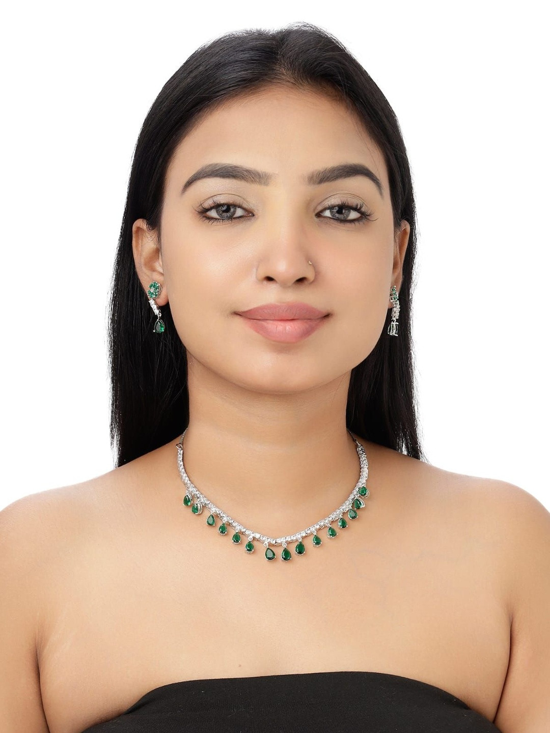 VELVET IMPERIAL Silver Plated Emeralds Studded Necklace & Earrings