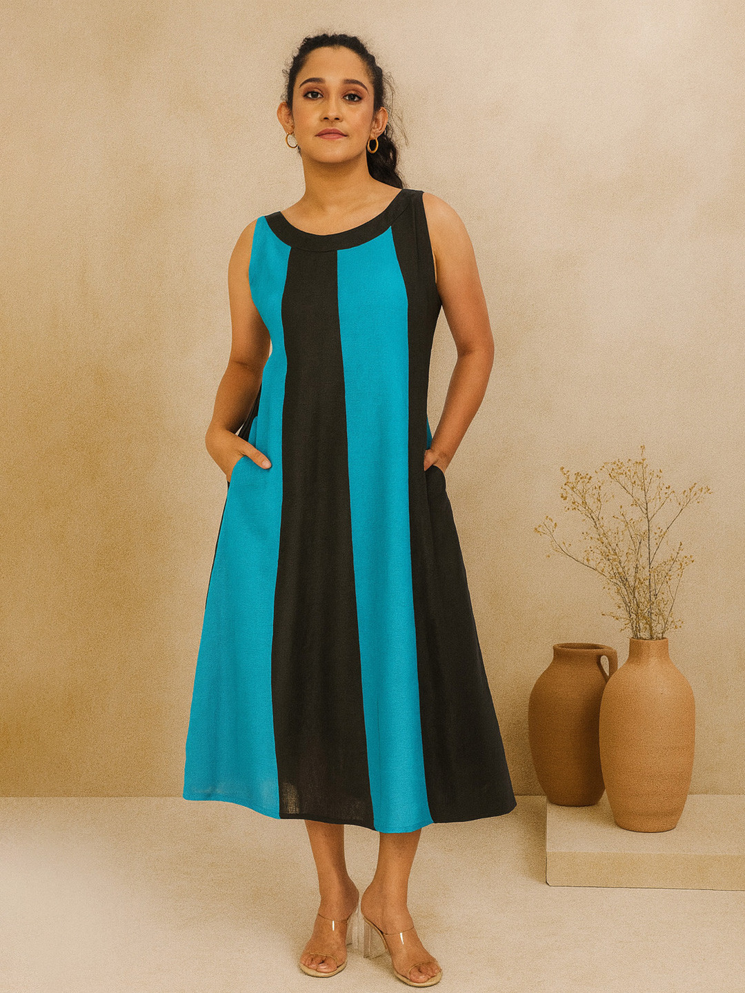 dhaaga Women Linen Fit & Flare Midi Aurora Dress