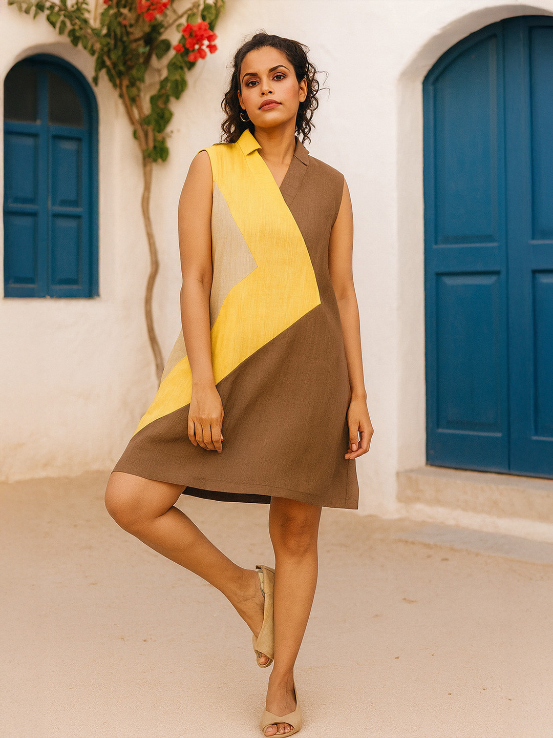 dhaaga Women Colourblocked Shirt Collar A-Line Dress