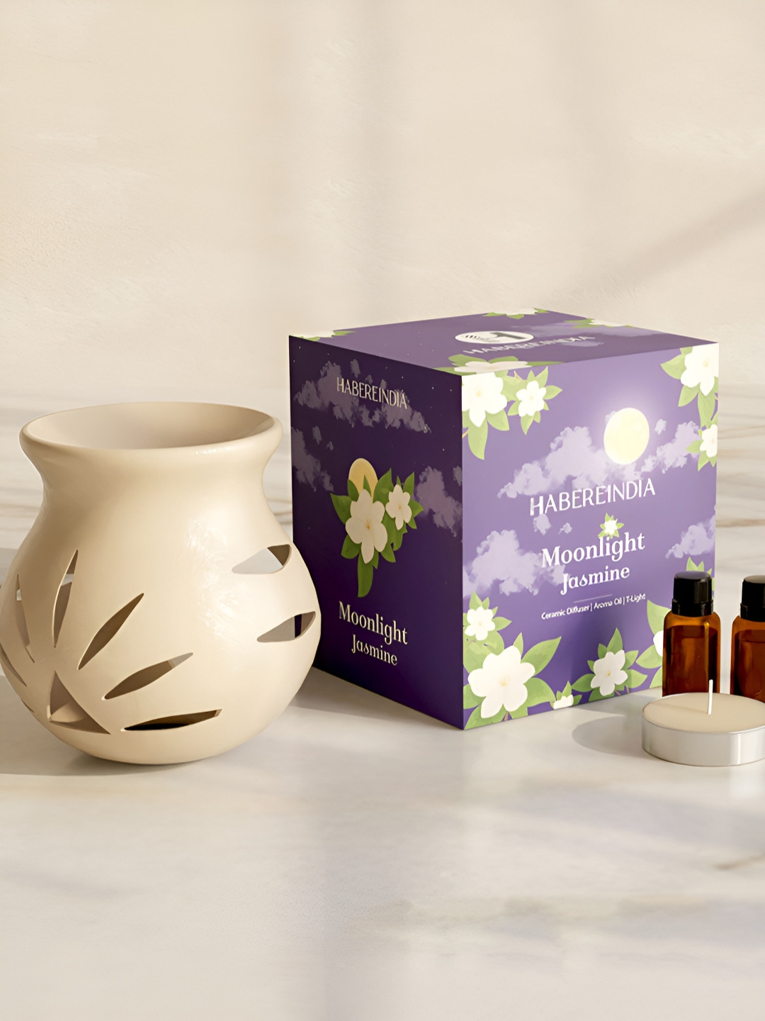 HABERE INDIA 4-Pcs Beige Ceramic Diffuser With T-Light & Aroma Oil - 10 ml Each
