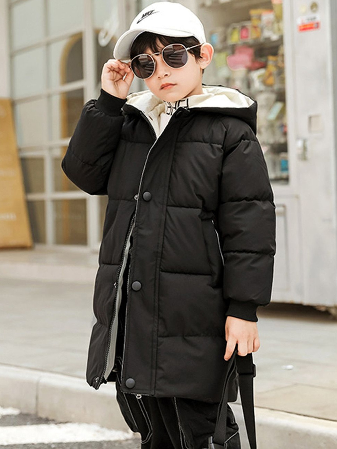 YK Boys Black Hooded Longline Puffer Jacket