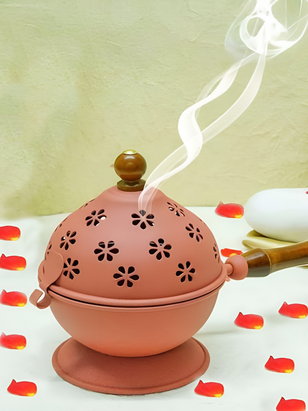 Heaven Decor Pink & Brown Sambrani Loban Burner With Wooden Handle