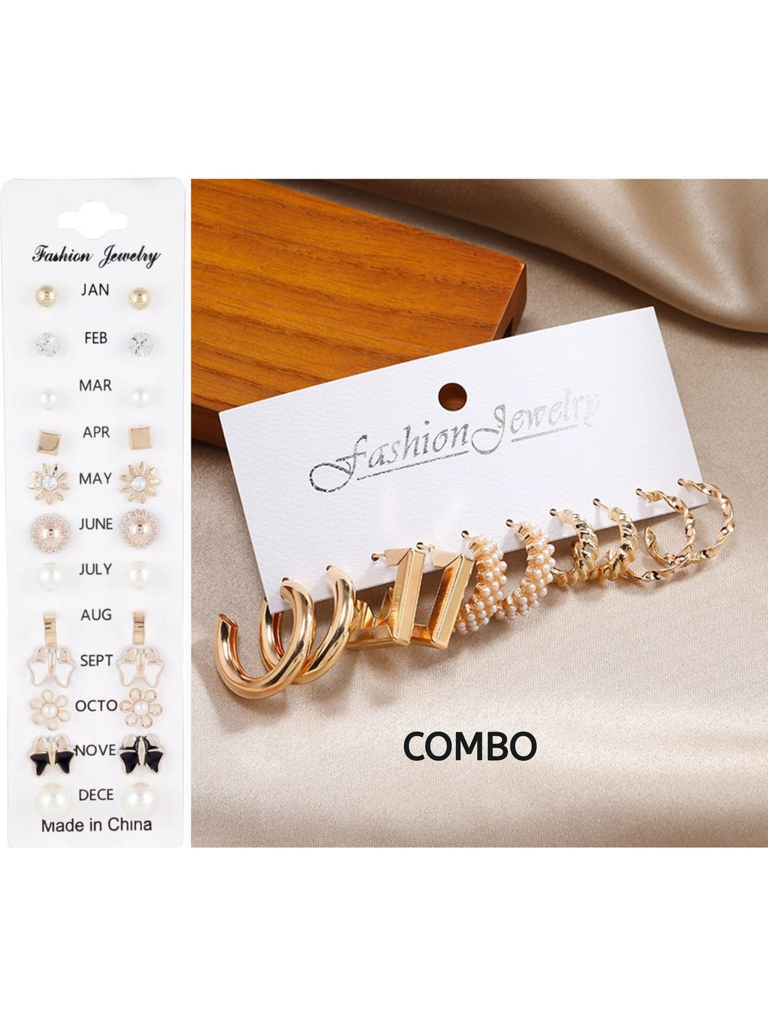 Zaphariq Set Of 17 Gold-Plated Pearls Beaded Circular Half Hoop Earrings